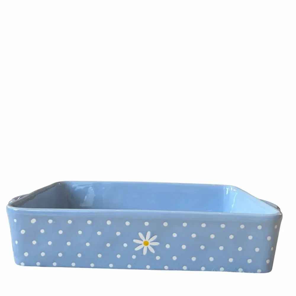 10 Strawberry Street Daisy Rectangular Baker 12x8 Blue Polka Dot NEW